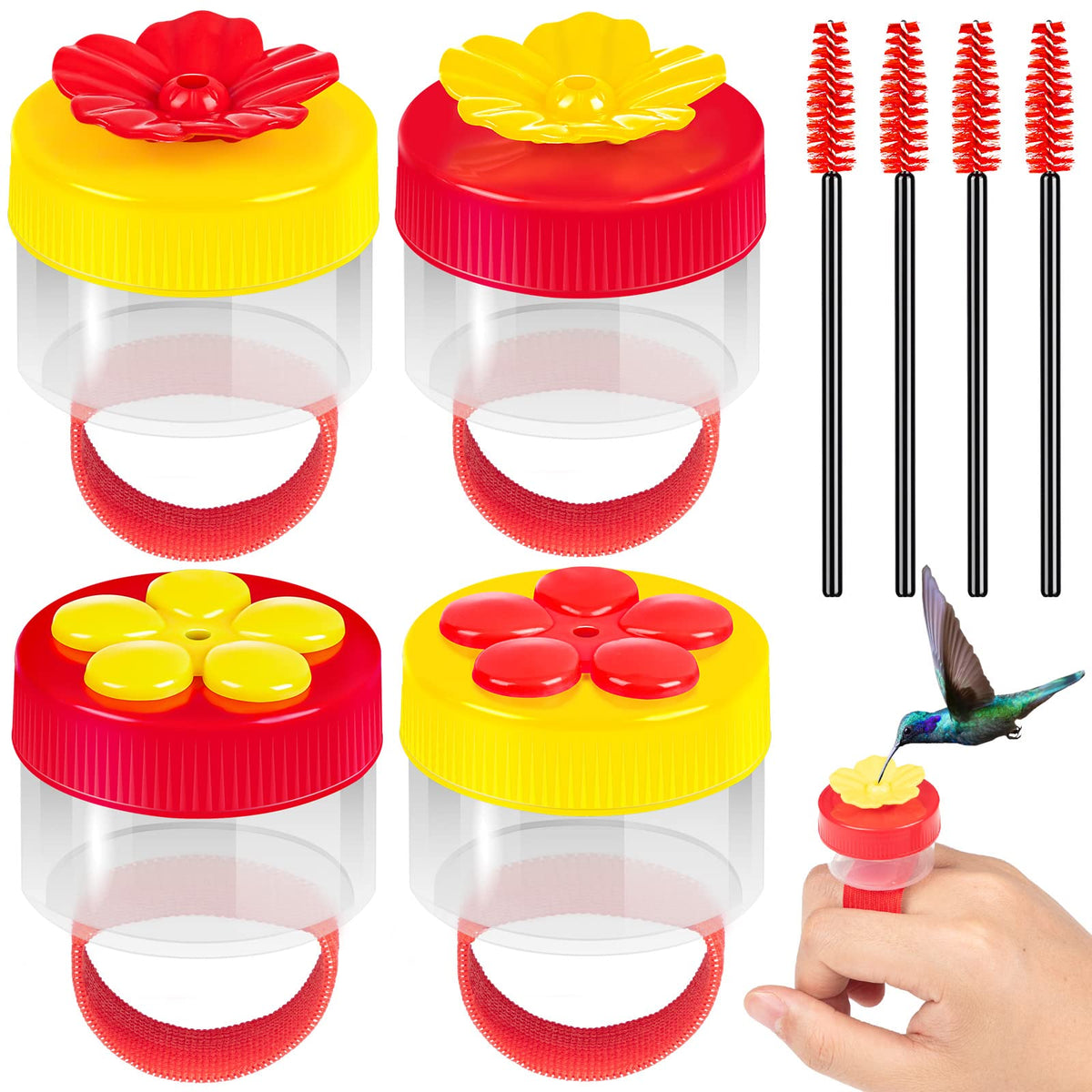 Hand Held Hummingbird Ring Feeders, 4Pcs Mini Hummingbird Hand Feeder with 4Pcs Cleaning Brush, Window Humming Wild Bird Feeders Tools for Outdoors Supplies