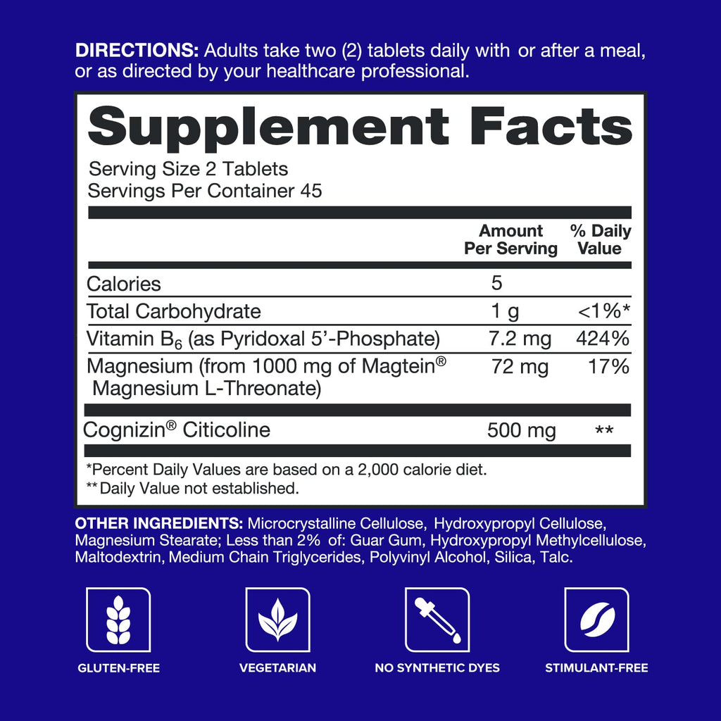 Qunol Brain Health Memory Plus w/Magtein, Cognizin & Vitamin B6, 90ct | Combines Two Clinically Tested, High Absorption Ingredients to Improve Memory, Focus, Attention, Productivity