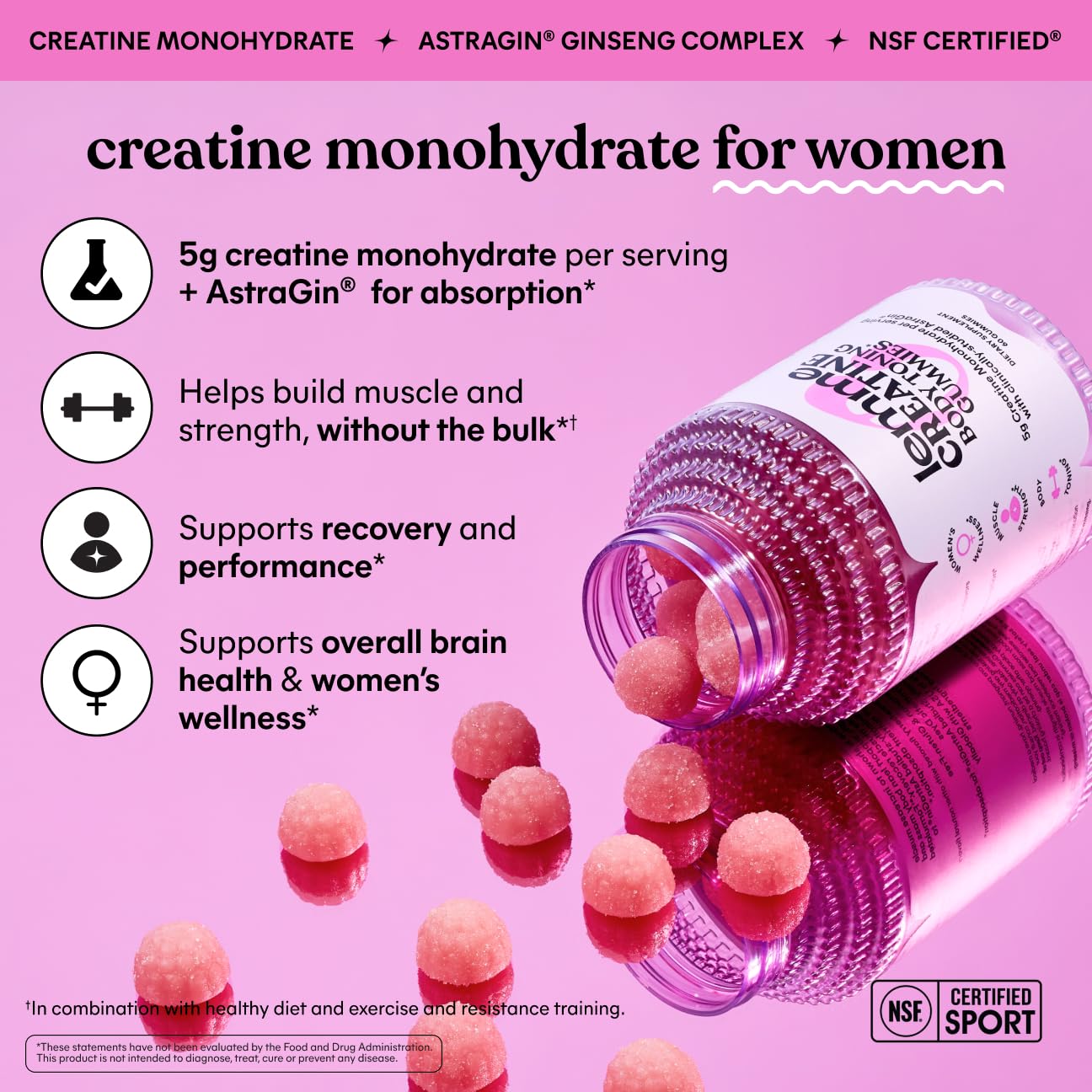 Lemme Creatine Monohydrate Gummies, Sour Strawberry (60 Gummies) | 5g Creatine for Lean Muscle, Strength, Recovery & Cognitive Health with Ginseng for Absorption. NSF Certified for Women & Men