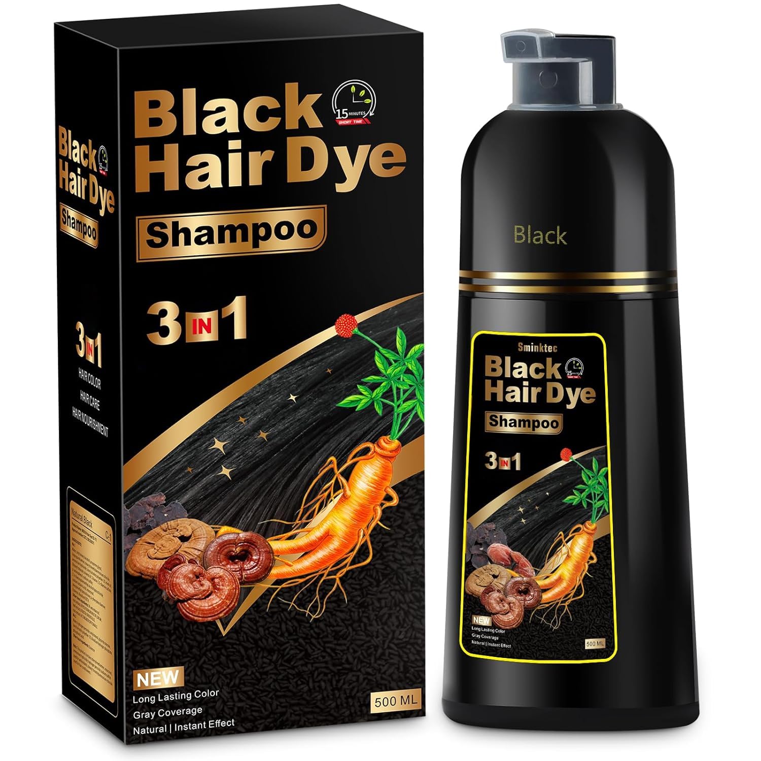 Sminktec Hair Dye Shampoo 3 in 1 for Gray Hair, Herbal Ingredients Natural Shampoo Hair Dye for Women Men (Black)