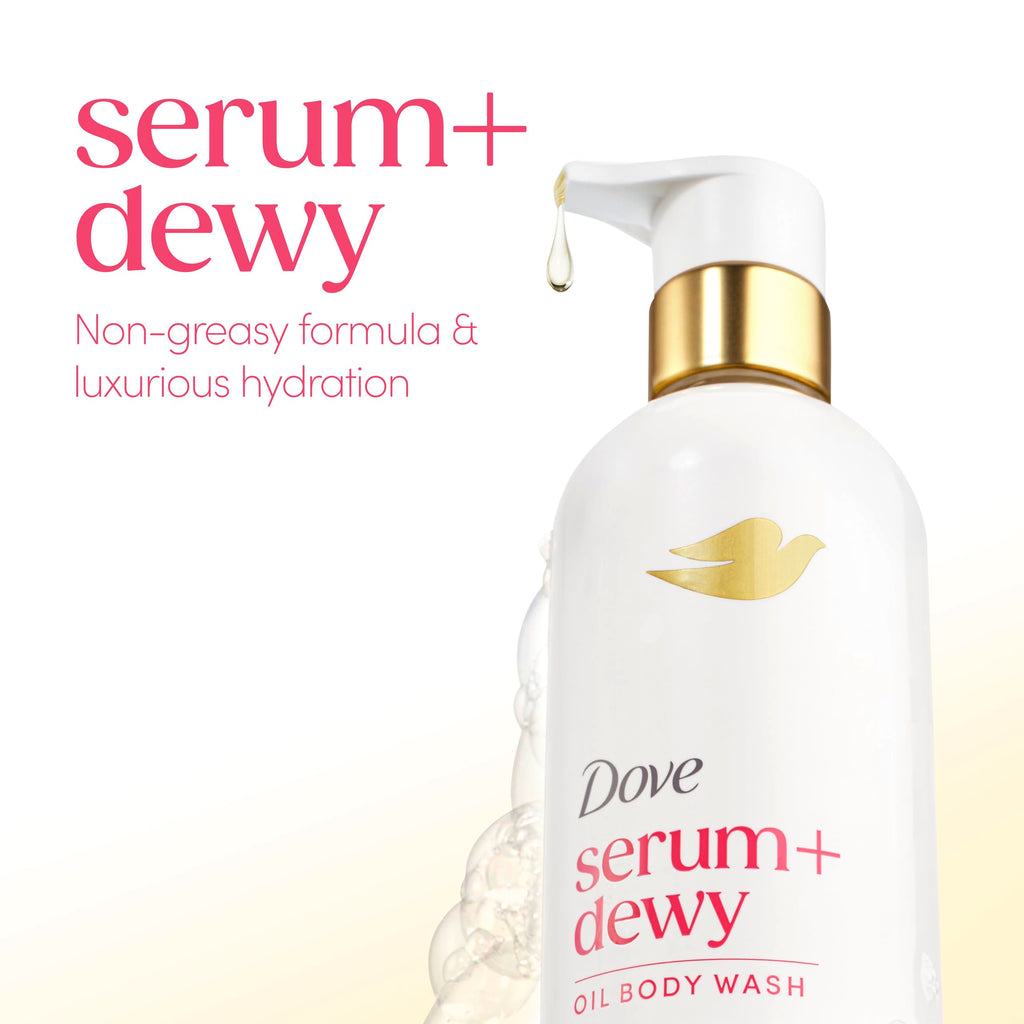 Dove Serum+Shower Oil Body Wash Dewy, Coconut & Geranium Oil, 15.3 fl oz | Hydrating shower oil body wash with glycerin serum for soft, dewy skin without greasy residue
