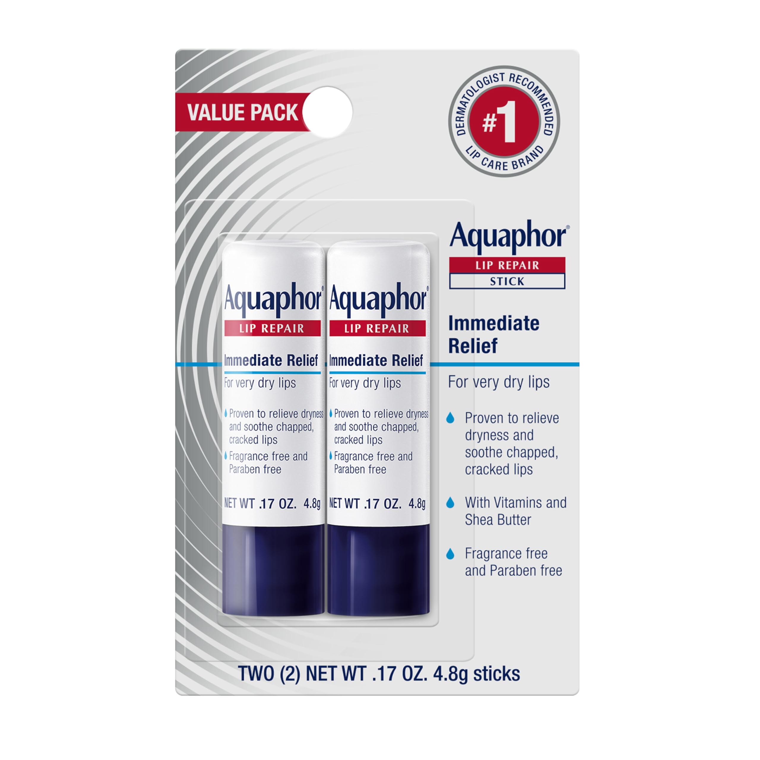 Aquaphor Lip Repair Stick, Moisturizing Lip Balm Pack, Relieves Dryness, 0.17 Oz Stick, Pack of 2 | Lip Balm Moisturizers with Jojoba Oil and Shea Butter, Immediate Dry Lip Relief, Paraben and Fragrance Free