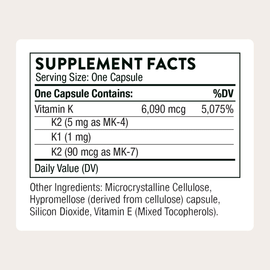 THORNE Vitamin K, Vitamins K1 and K2 (as MK-4 and MK-7), 60 Capsules | Helps Maintain Bone Mineral Density & Supports Healthy Blood Vessels*, Gluten, Dairy & Soy-Free, NSF Contents Certified