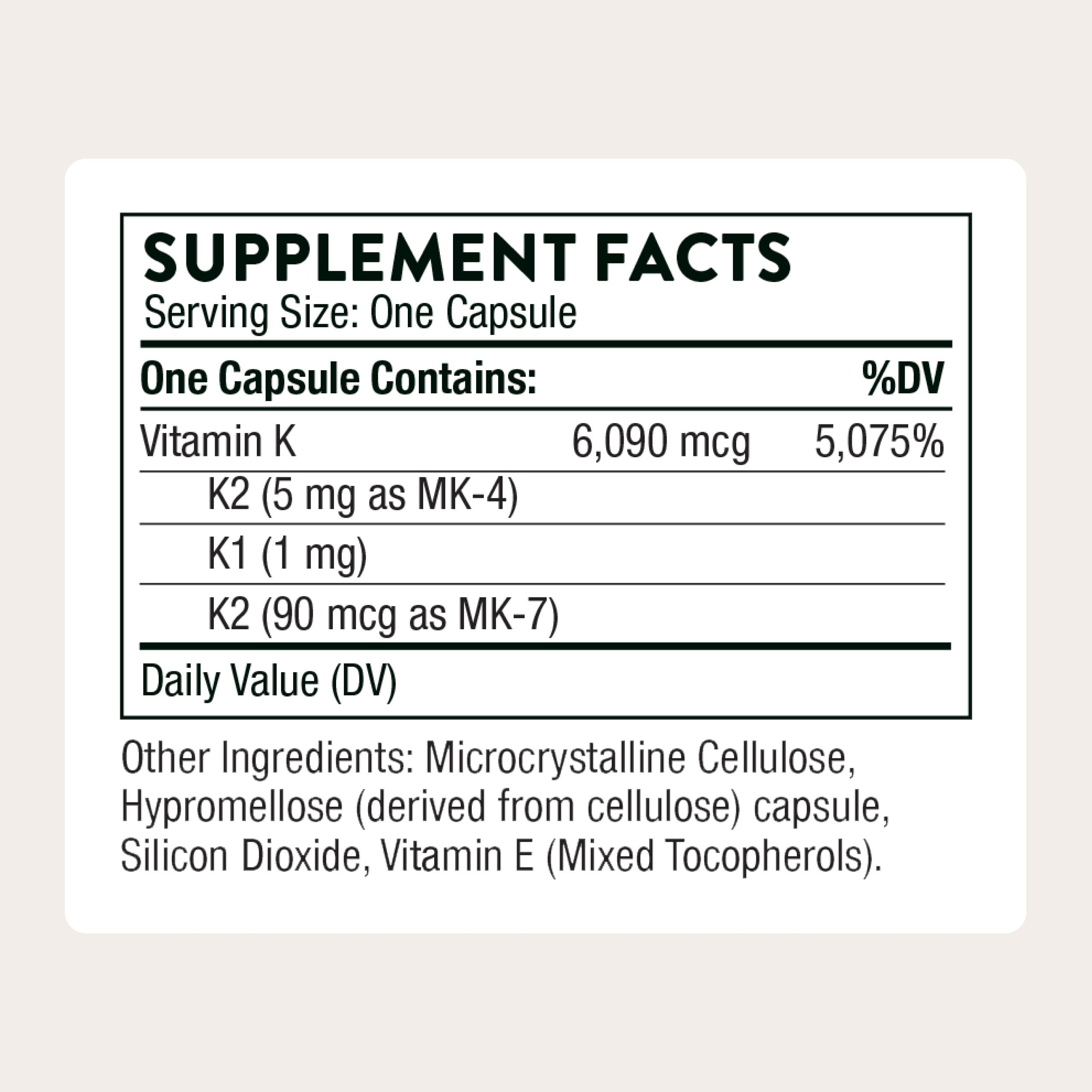 THORNE Vitamin K, Vitamins K1 and K2 (as MK-4 and MK-7), 60 Capsules | Helps Maintain Bone Mineral Density & Supports Healthy Blood Vessels*, Gluten, Dairy & Soy-Free, NSF Contents Certified