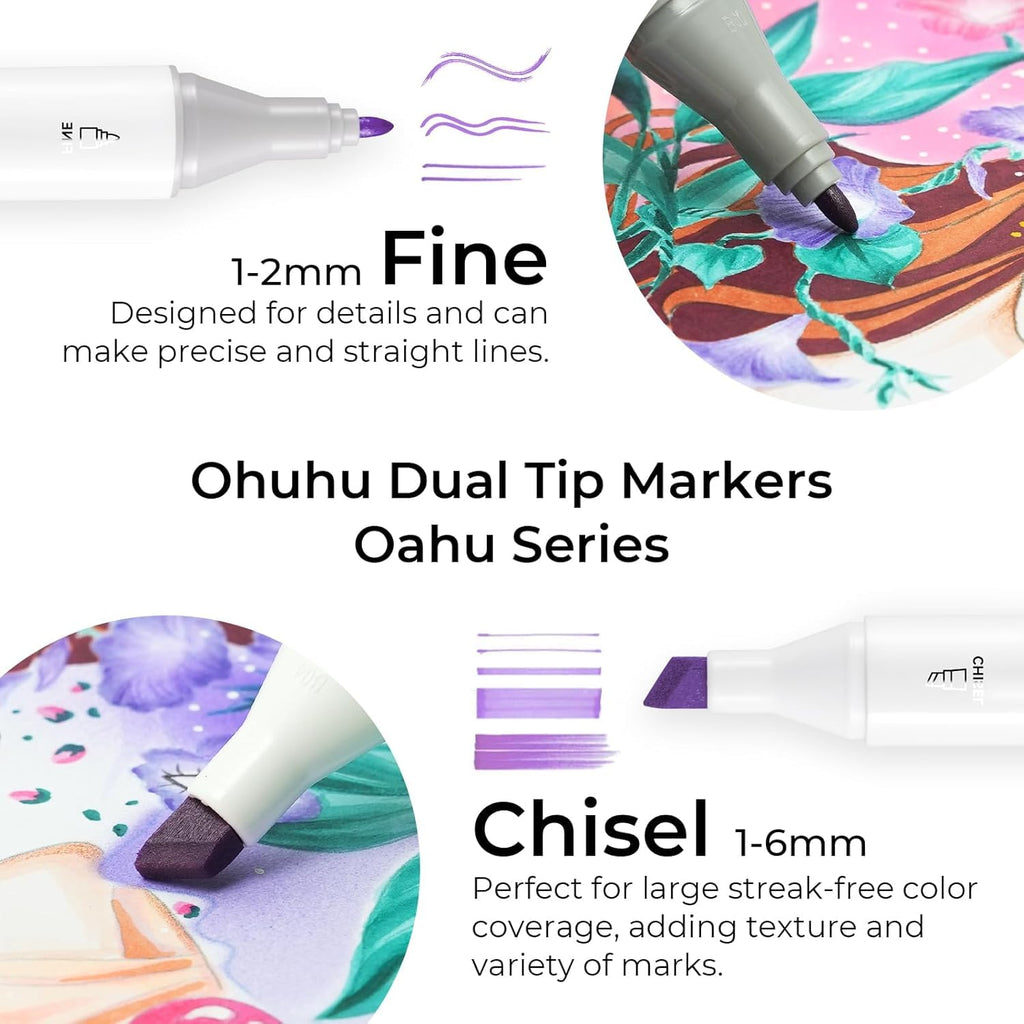Ohuhu Alcohol Markers 200 Colors Chisel& Fine for Adult Coloring Refillable
