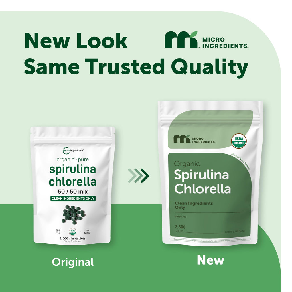 Micro Ingredients Organic Spirulina Chlorella Mini Tablets, 2,500 Tablets (8 Month Supply) | 50/50 Algae Blend | No Fillers, Non-GMO