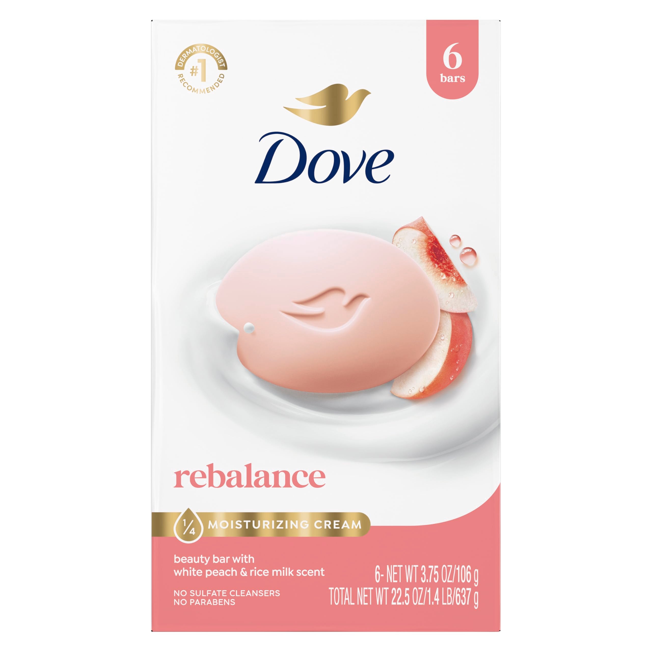 Dove Rebalancing Beauty Bar Soap 6 Count, White Peach & Rice Milk, 3.75 oz | Plant-based beauty bar with white peach and rice milk for soft, moisturized skin
