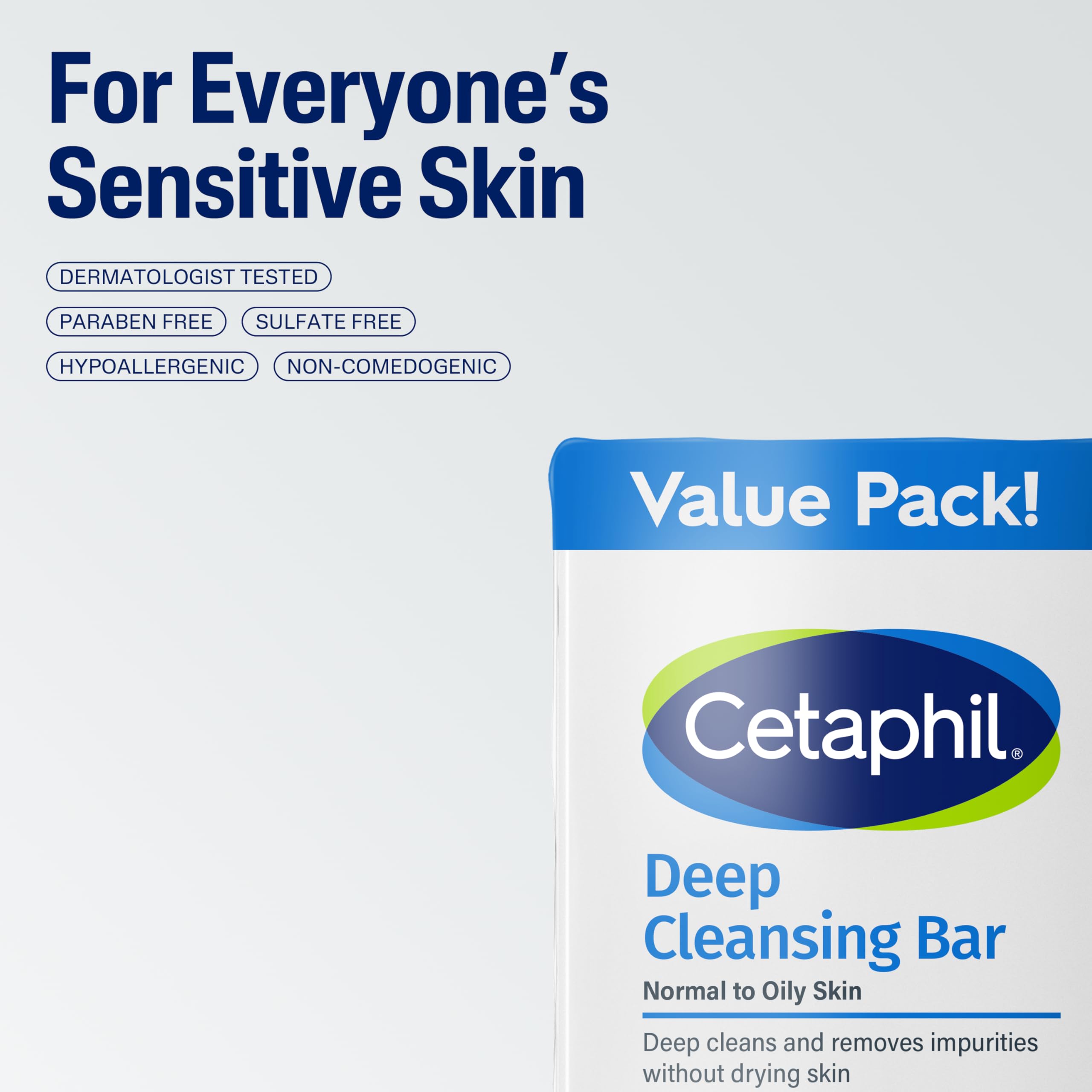 Cetaphil Deep Cleansing Face & Body Bar Soap, Sensitive Skin Care, 3 ct | Soap-Free, Fragrance-Free, Paraben-Free, Hypoallergenic, Face And Body Bar, Removes Makeup, Dirt And Oil, Dry To Normal Skin