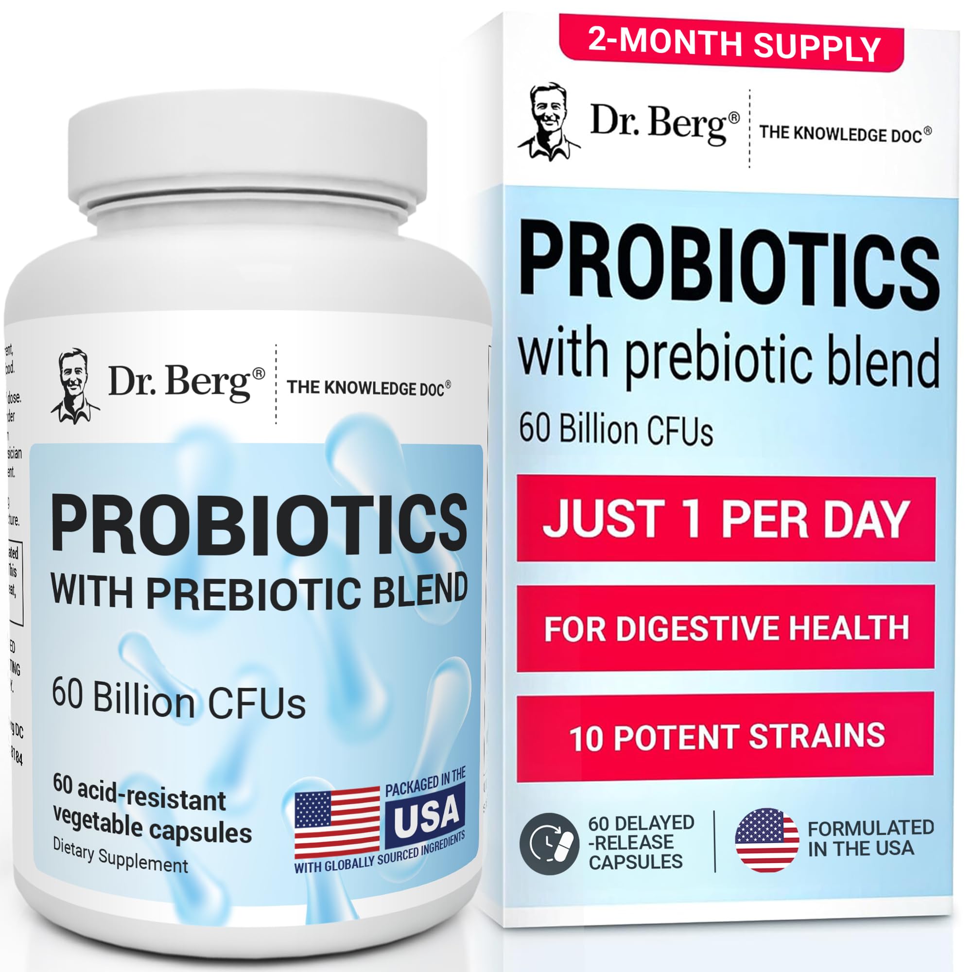 Dr. Berg Probiotic Supplement (60 Billion CFUs) - Helps Ease Occasional Constipation, Diarrhea, Gas & Bloating* - Pre and Probiotics for Digestive Health - 30 Probiotic Capsules