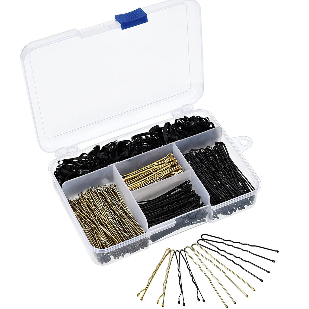 Buy now Hicarer 300 Pcs Hair Pins Set Including 100 Pcs Bobby Pins 100 Pcs U Hair Pins and 100 Pcs Rubber Hair Bands with Storage Box for All Hair Types Girls Women Gift, Black and Gold Default at indiglob india