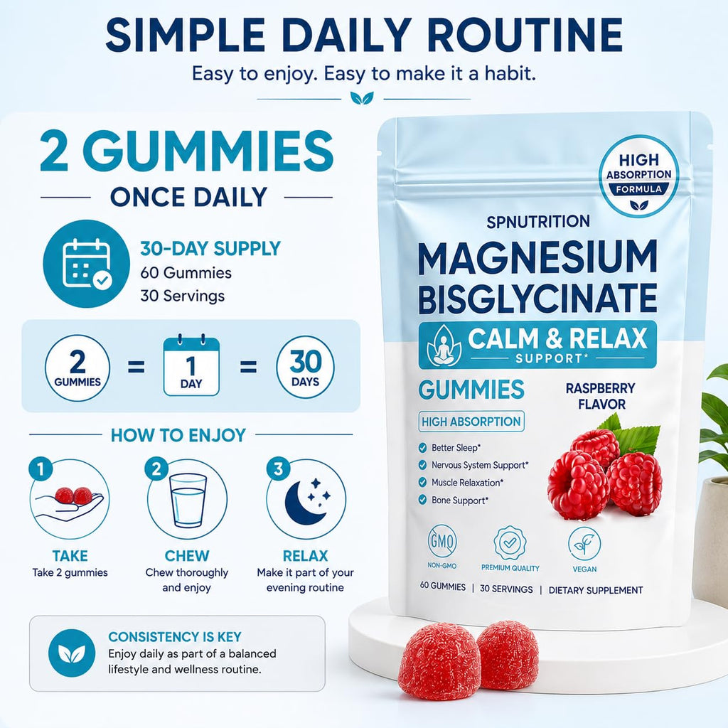 Magnesium Bisglycinate Gummies, 400mg Magnesium Bisglycinate Chelate with Sea Salt & Raspberry Powder, Supports Sleep, Nerve & Muscle Relaxation, Bone Health Support, Vegan, 60 Gummies (1)