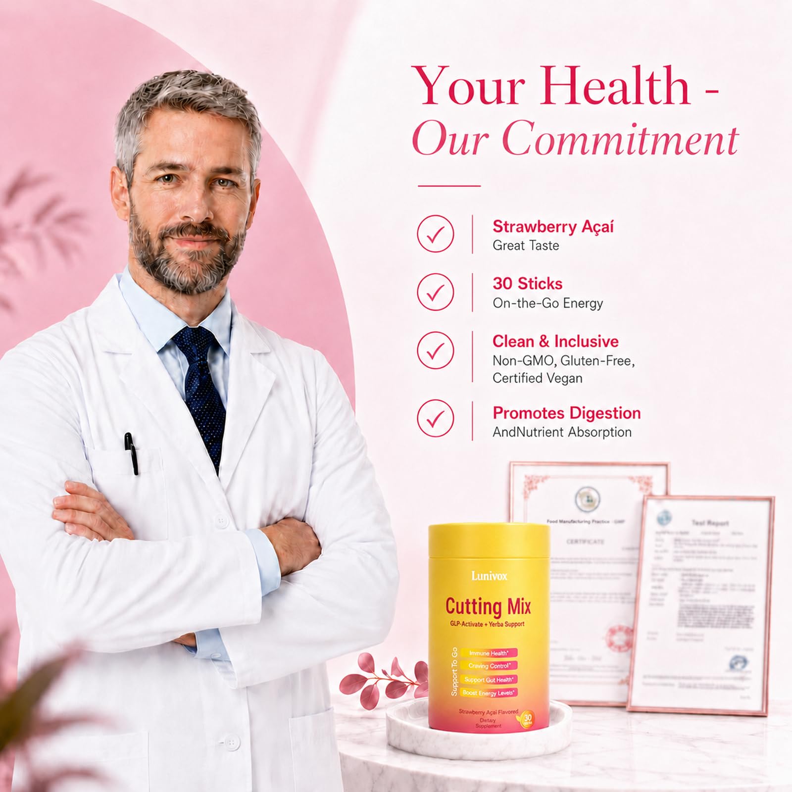 Cutting Drink Mix - GLP-1 Drink Mix | Dual-Action Prebiotic Formula for Gut Wellness Support & Healthy Energy Boost | Non-GMO, Gluten-Free & Vegan | Strawberry Açaí Flavor (30 Sticks)