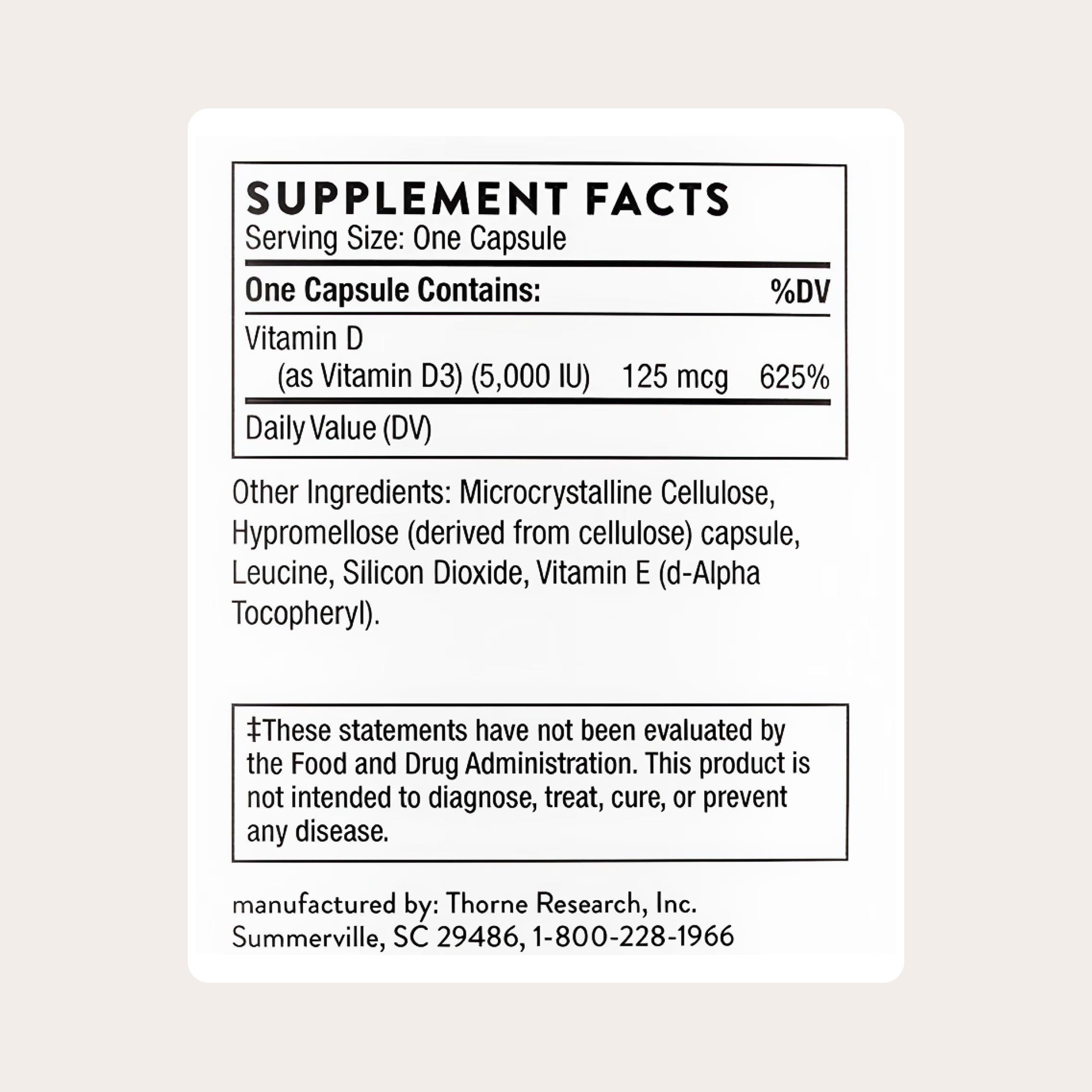 THORNE Vitamin D-5,000, Vitamin D3 Supplement, 5,000 IU, 120 Capsules | Supports Healthy Bones, Teeth & Muscles, Plus Cardiovascular & Immune Function*, Gluten & Dairy-Free, NSF Certified for Sport