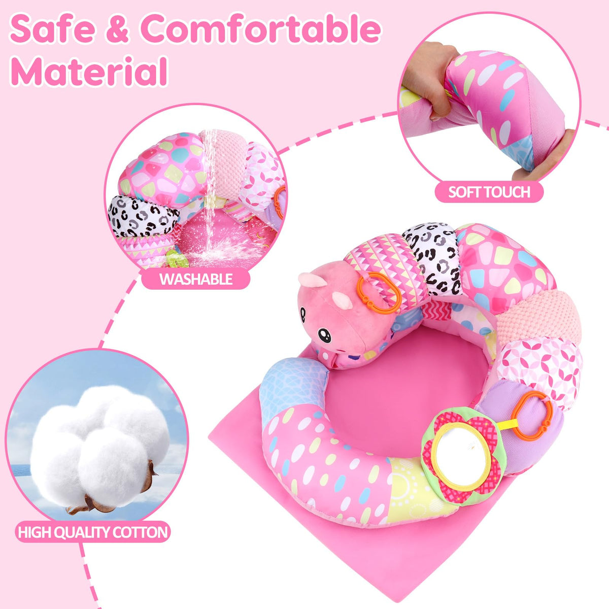 2 in 1 Baby Tummy Time Mat & Support Seated Pillow Infant Newborn Toys 0 1 2 3 4 5 6 Months Pink Caterpillar Sensory Developmental Playmat 0-6 3-6 12 Month Mirror Babies Girls Shower Gifts Essentials