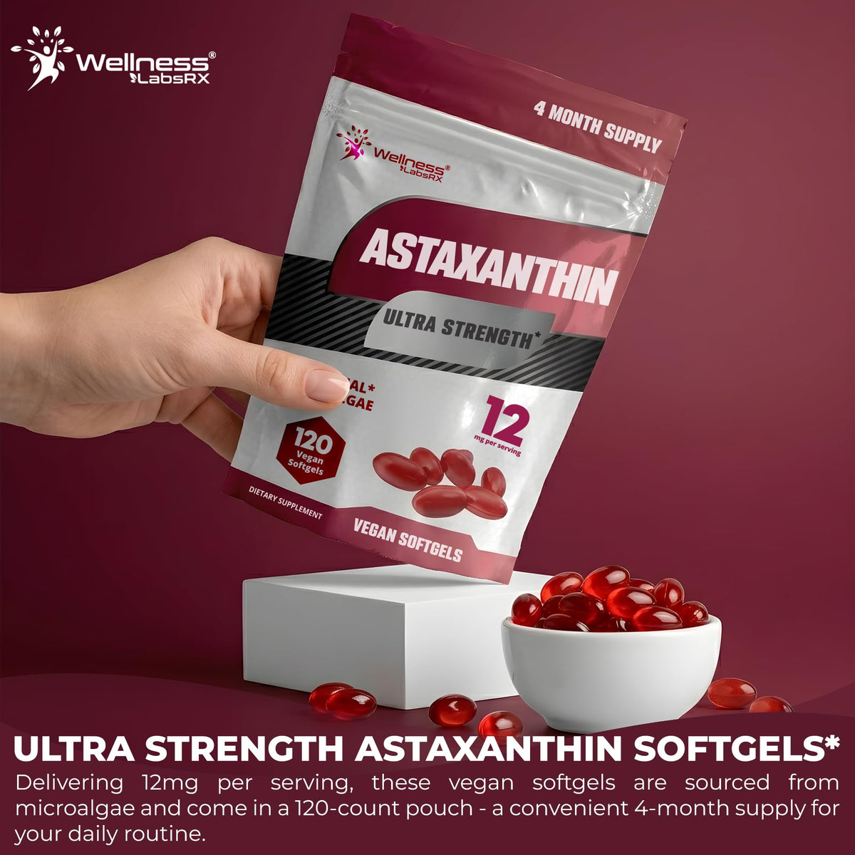 Astaxanthin 12mg, 120 Softgels, 4 Month Supply Axanthanin Supplement