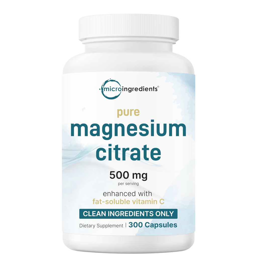 Pure Magnesium Citrate Supplements 500mg, 300 Capsules | Fat-Soluble Vitamin C Added | 100% Chelated | Only Active Ingredients