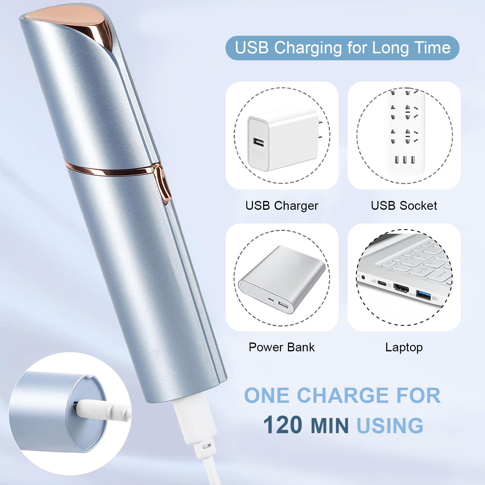 innobeaut Painless Electric Facial Hair Remover for Women, USB Rechargeable | LED reveals fine hairs, Portable face shaver for upper/lip/chin/peach fuzz, Facial hair removal for women,Blue Device only
