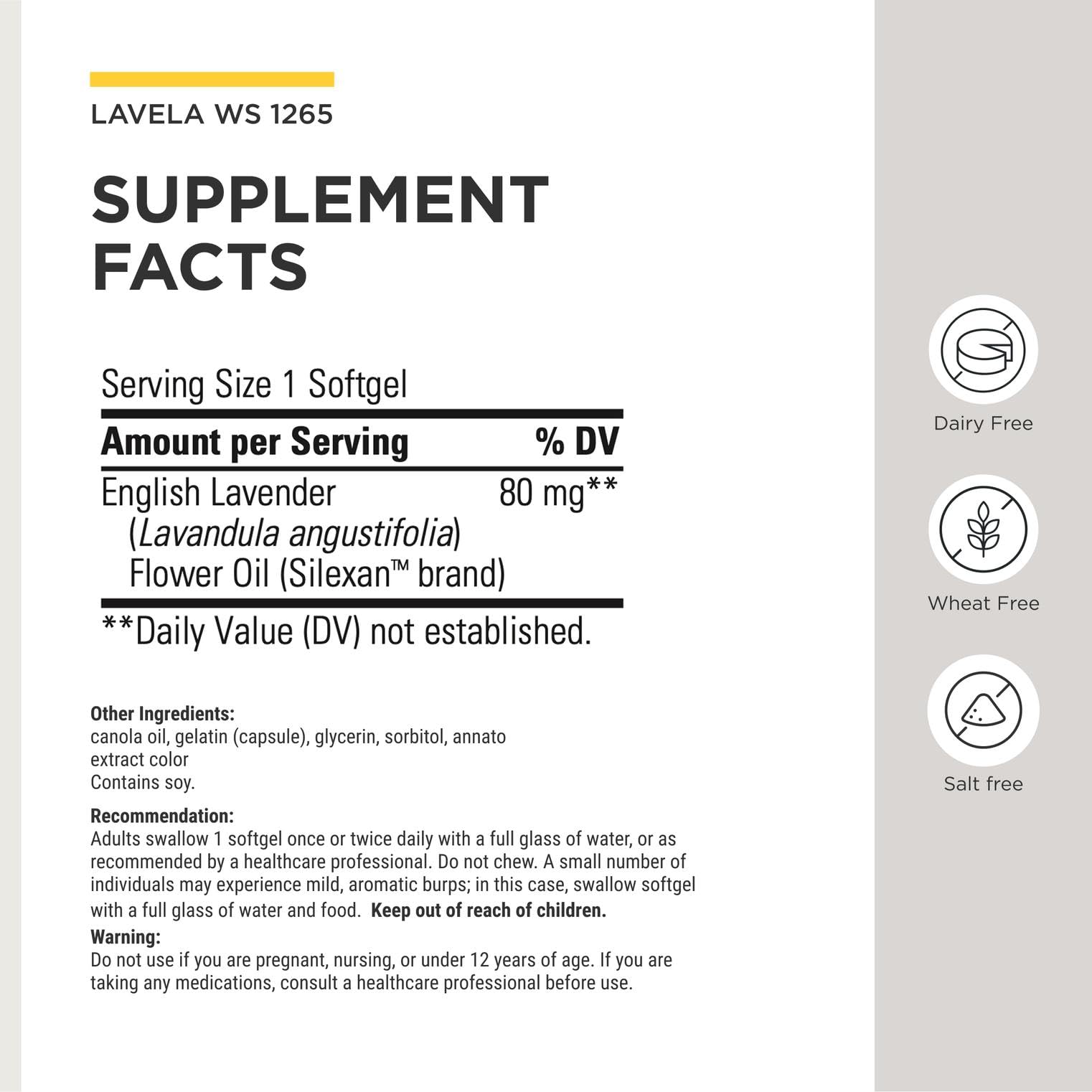 Integrative Therapeutics Lavela WS 1265 - Silexan Supplement for Sleep & Stress Support* - Lavender Essential Oil - 60 Softgels (60 Servings)