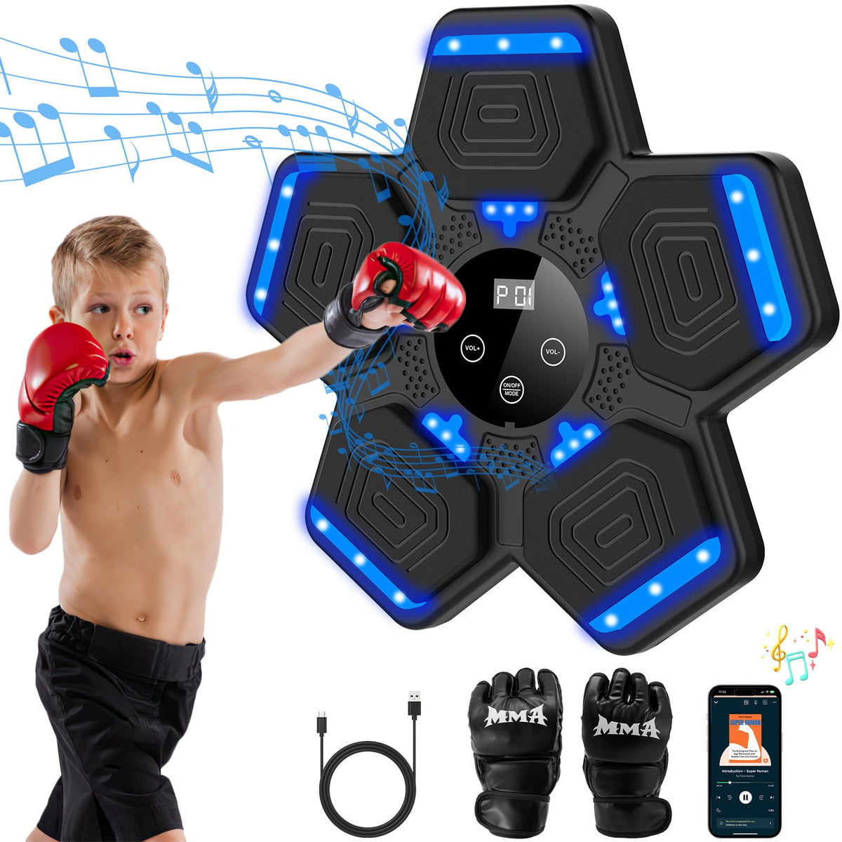 Music Boxing Machine, Wall Mounted Bluetooth Punching Pad with Gloves