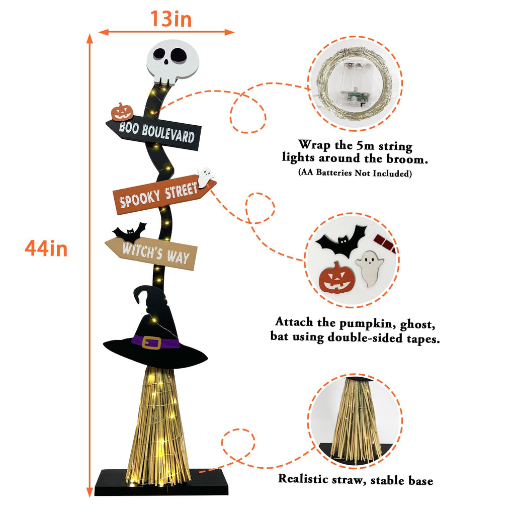 Lighted Halloween Wooden Witch Broom for Indoor Outdoor Decorations