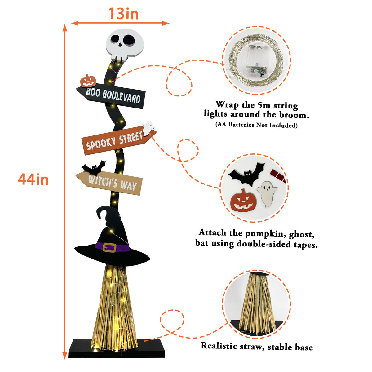 Lighted Halloween Wooden Witch Broom for Indoor Outdoor Decorations