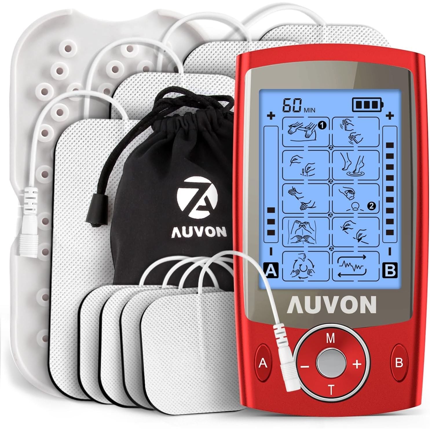 Buy now AUVON Dual Channel TENS Unit Muscle Stimulator Machine with 20 Modes, 2" and 2"x4" TENS Unit Electrode Pads Red at indiglob india