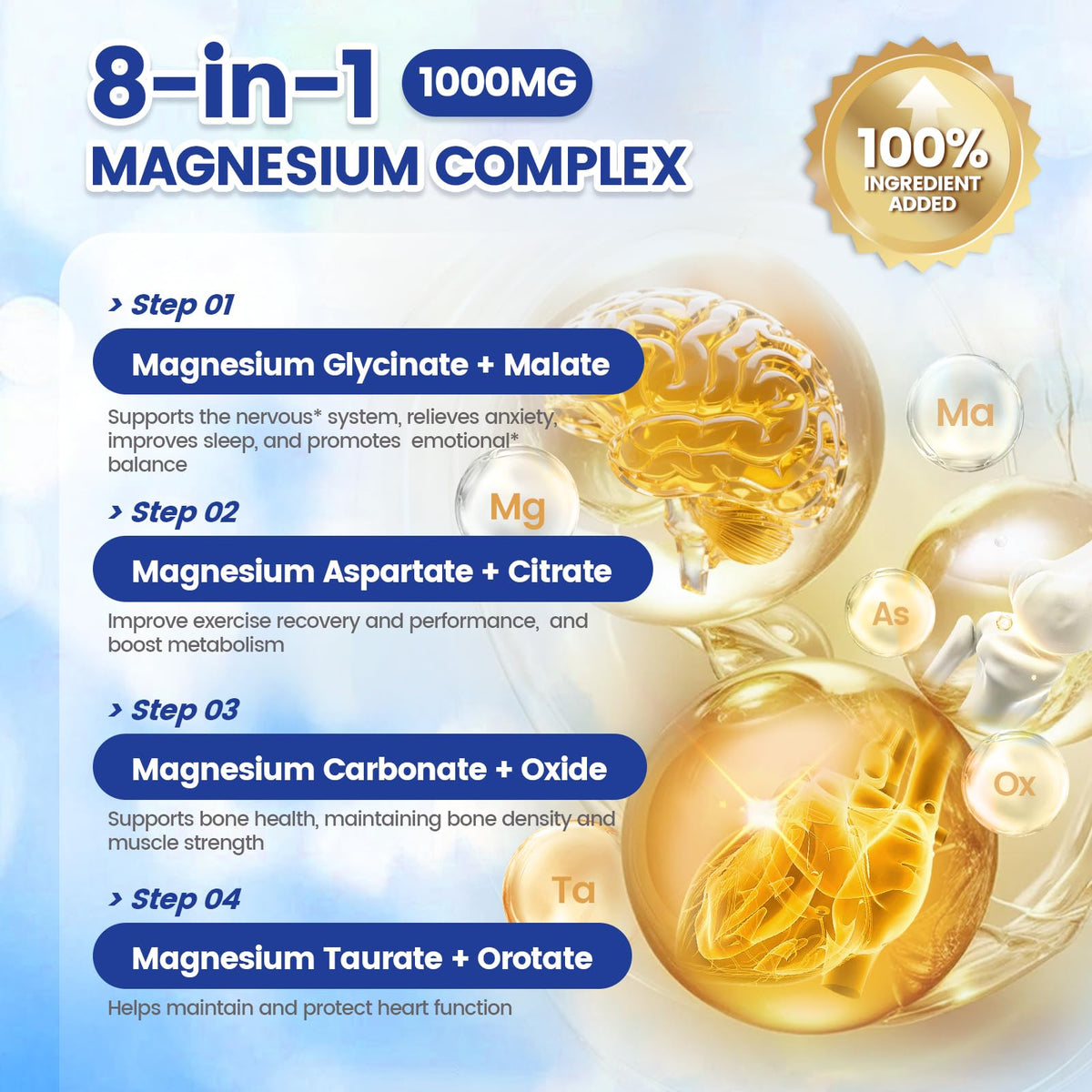 1000mg Magnesium Complex Capsules, 8-in-1 Magnesium Glycinate, Citrate, Malate, Taurate, Oxide, Carbonate, Aspartate, Orotate - 240 Capsules (1 Bottle (240 Capsules))