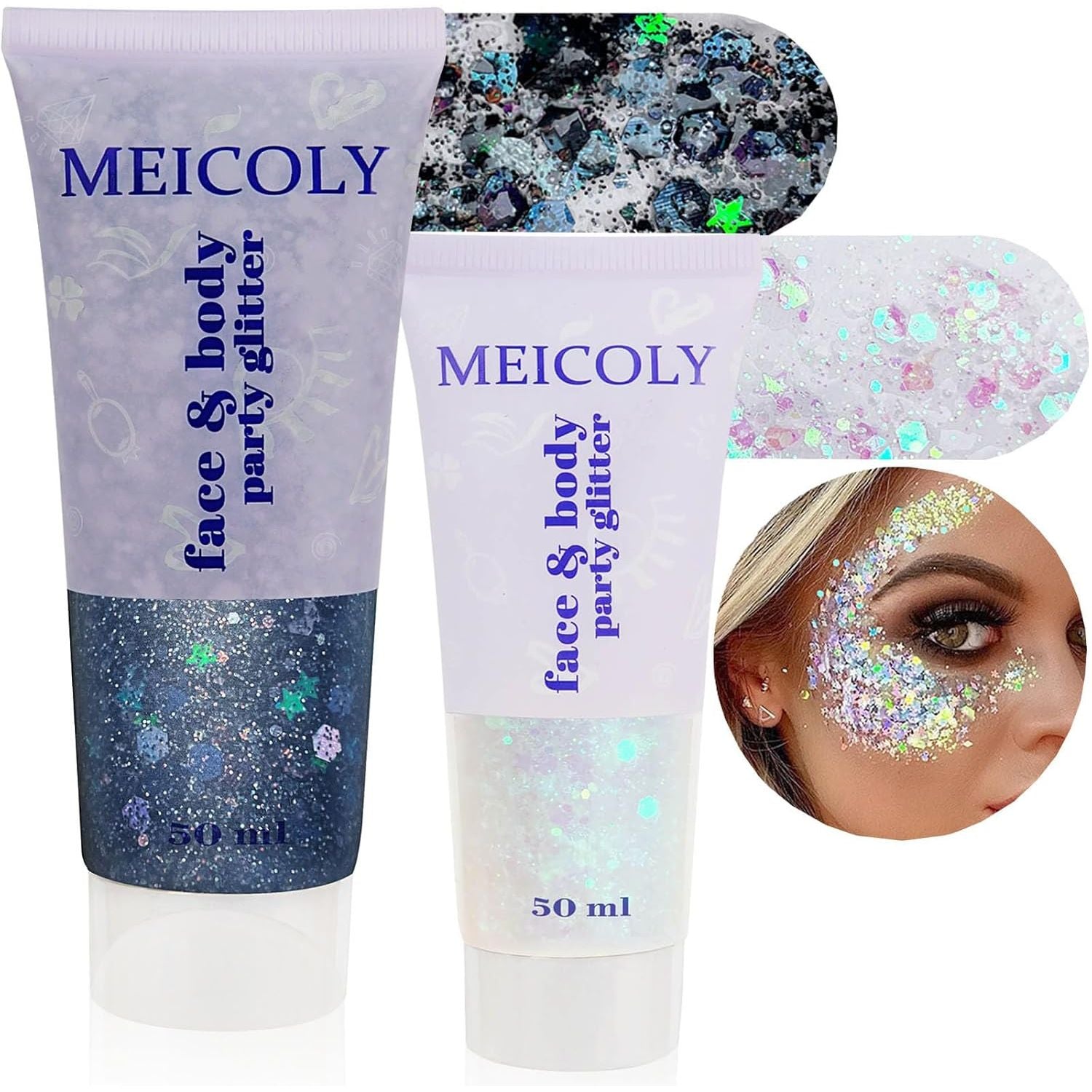 Buy now MEICOLY Pink and Clear White Face Body Glitter Set,Pink Face Glitter Gel,Singer Concerts Festival Rave Accessories,Glitter Face Paint for Women Kids,Mermaid Glitter Makeup,Body Glitter for Women 2pc white and black face glitter gel at indiglob india