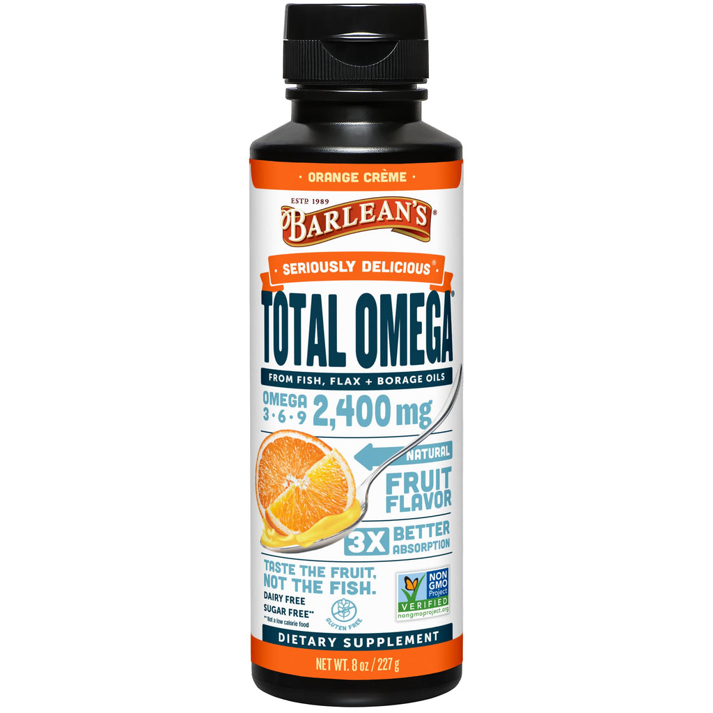 Barlean's Orange Creme Omega 3-6-9 Liquid Fish Oil, 2400mg Omegas,16oz | Fish, borage & flax oils, EPA DHA ALA GLA omegas, Burpless, Non-GMO, Gluten-free, Heart, joint & skin support