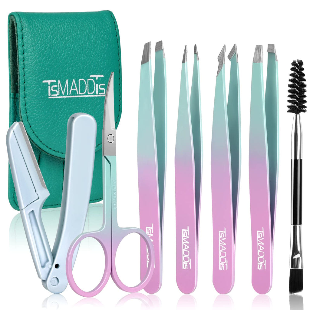 TsMADDTs 7 pcs Tweezers Set for Women Facial Hair, Precision Tweezer for Eyebrows with Curved Scissor and Eyebrow Razor for Ingrown Hair, Pink&Yellow