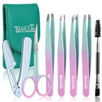 TsMADDTs 7 pcs Tweezers Set for Women Facial Hair, Precision Tweezer for Eyebrows with Curved Scissor and Eyebrow Razor for Ingrown Hair, Pink&Yellow