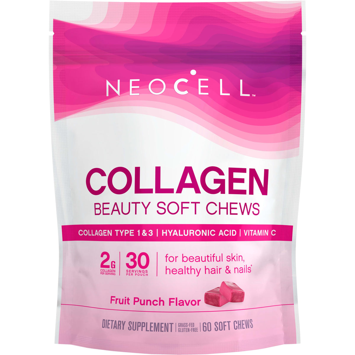 NeoCell Collagen Peptides Soft Chews | 60 Chewables | Beauty Bursts Supplement | with Hyaluronic Acid | Hair, Skin, & Nails | Fruit Punch Flavor