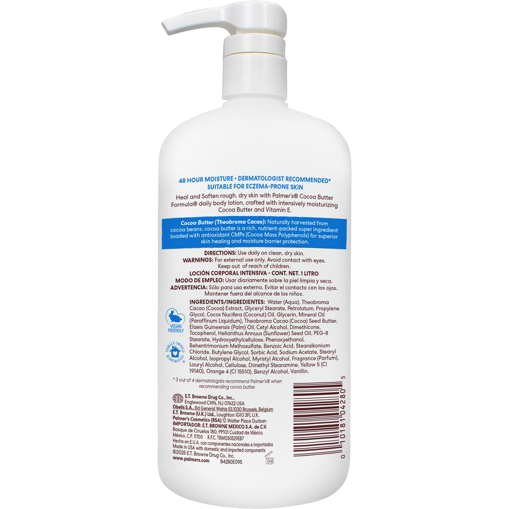 Palmer's Cocoa Butter Body Lotion Formula, Daily Skin Therapy (33.8 Fl Oz) | With Vitamin E to provide 48 hour deep hydration for rough, dry and eczema prone skin. Convenient pump for whole family use.