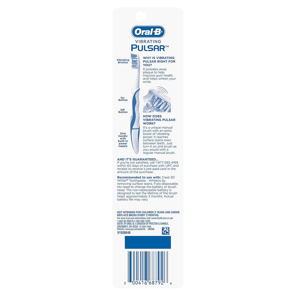 Buy now Oral-B 3D White Pulsar, Battery electric toothbrushes, 2 count SOFT toothbrush pack, removes stains, whitens teeth, travel essentials tooth brush at indiglob india
