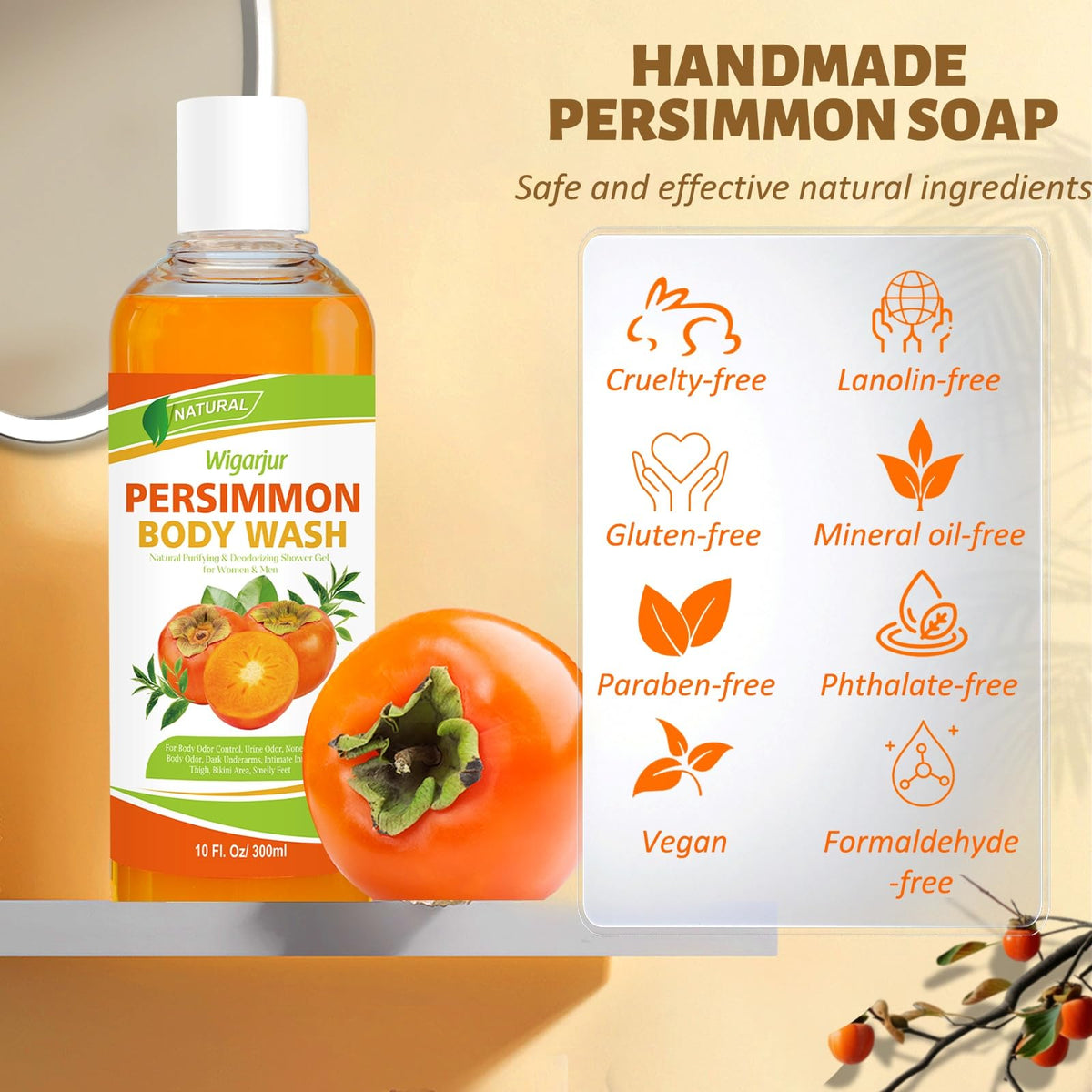 Persimmon Body Wash for Body Odor Control, Age-Related Odor Cleanser