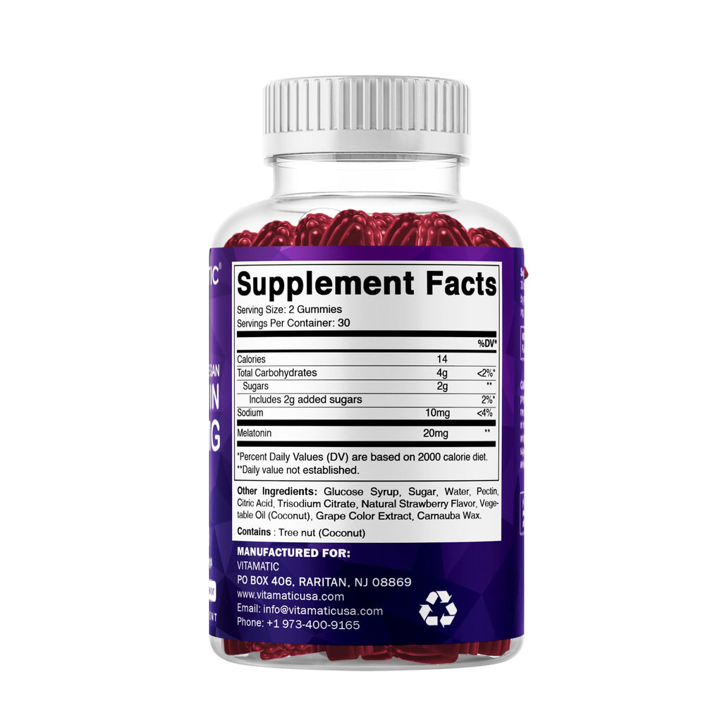 Vitamatic Melatonin 20 mg Gummies, Vegan, Strawberry, 60 Count | 20 mg Melatonin Per Serving, Promotes Relaxation & Sleep Support*, Plant-Based, Gluten Free, Non-GMO