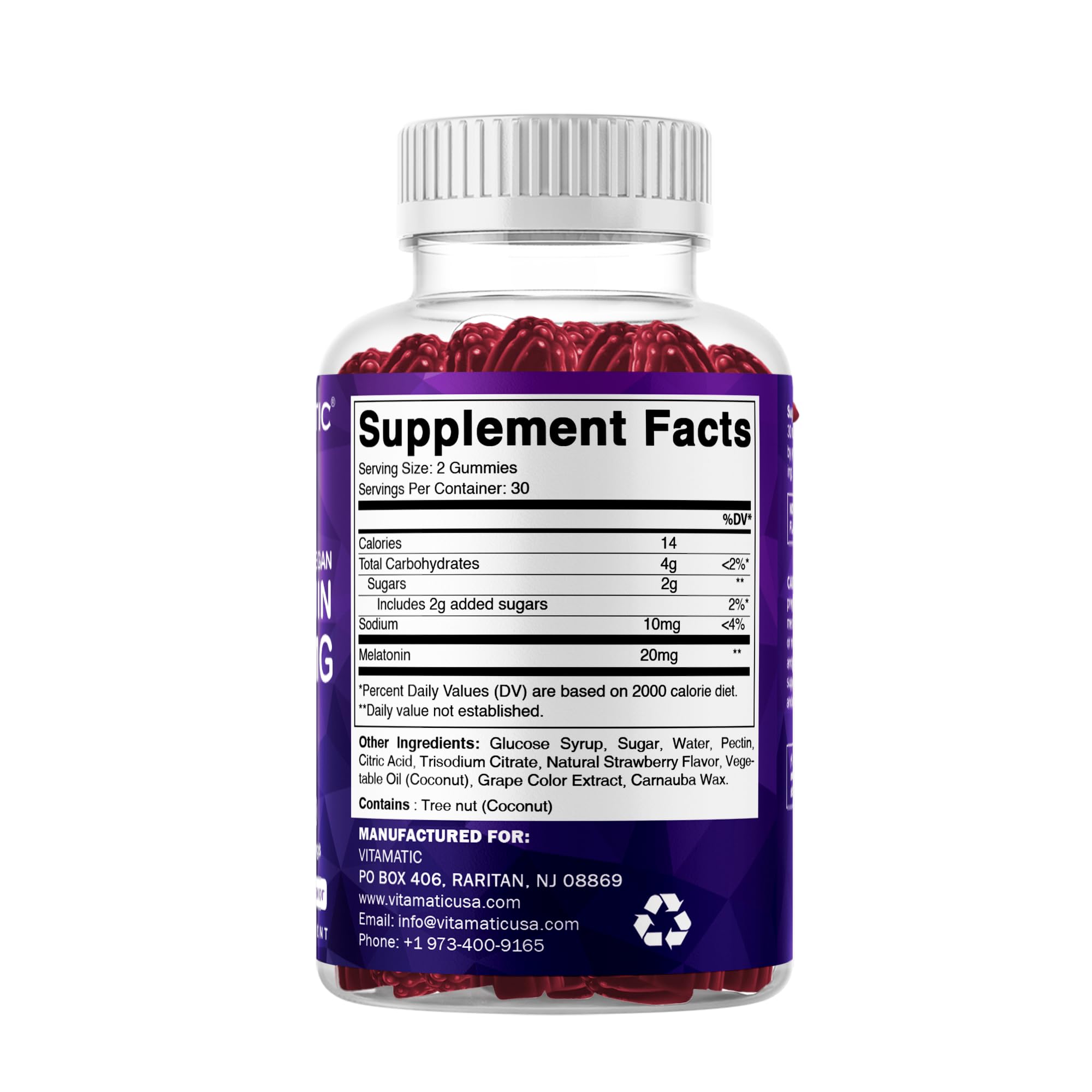 Vitamatic Melatonin 20 mg Gummies, Vegan, Strawberry, 60 Count | 20 mg Melatonin Per Serving, Promotes Relaxation & Sleep Support*, Plant-Based, Gluten Free, Non-GMO