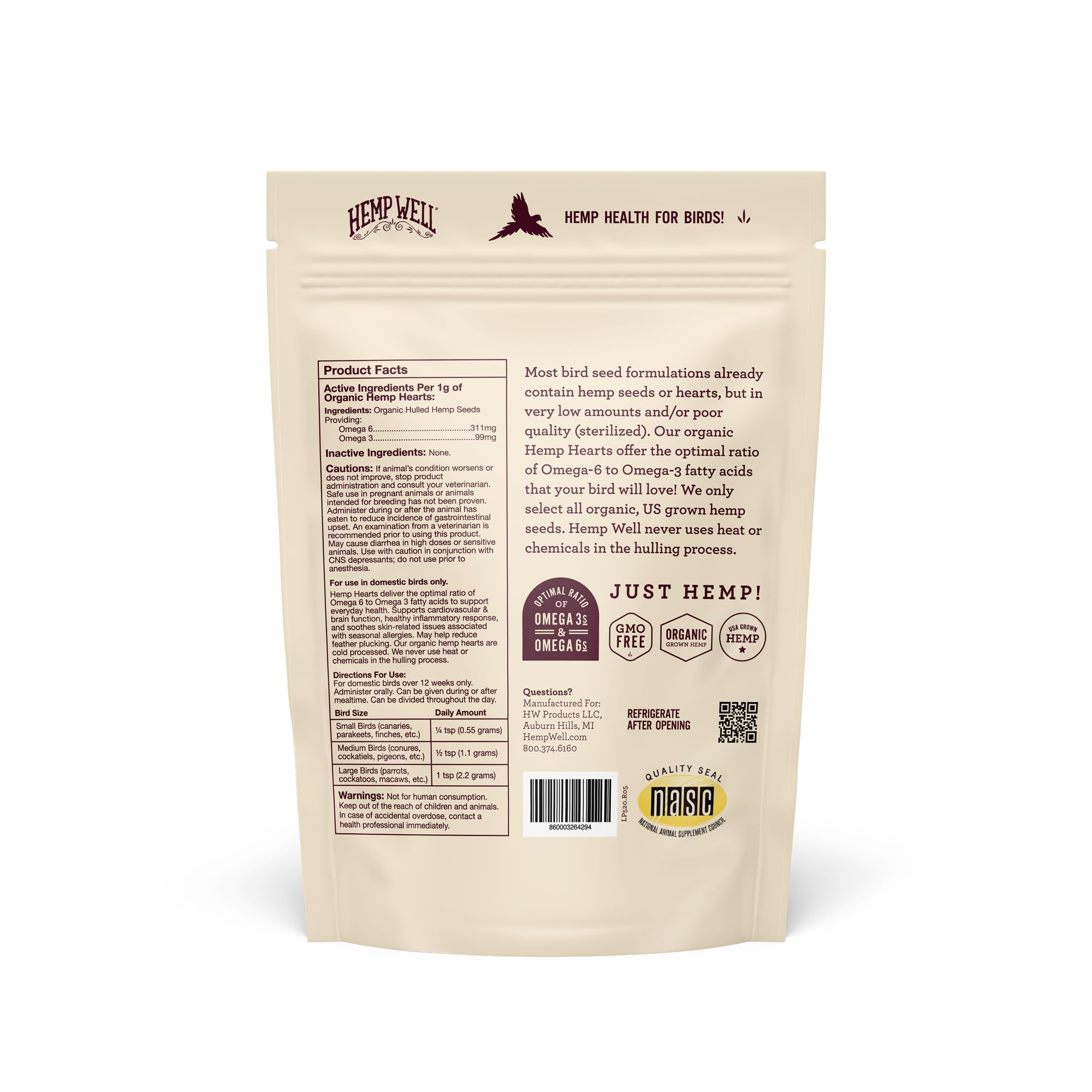 Hemp Well Organic Hemp Hearts –Reduces Feather Plucking, Promotes Relaxation, Immune Support, Organically Sourced, USA Grown, GMO Free – 1 Pound Bag