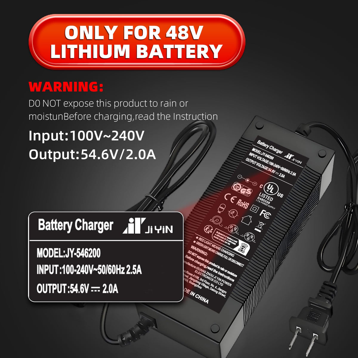 UL Certified 54.6V 2A Fast Electric Bike Charger for 48V Ebike Battery - Compatible with Lectric XP 2.0/3.0, Ecotric City/Beach, Evercross H5/H7