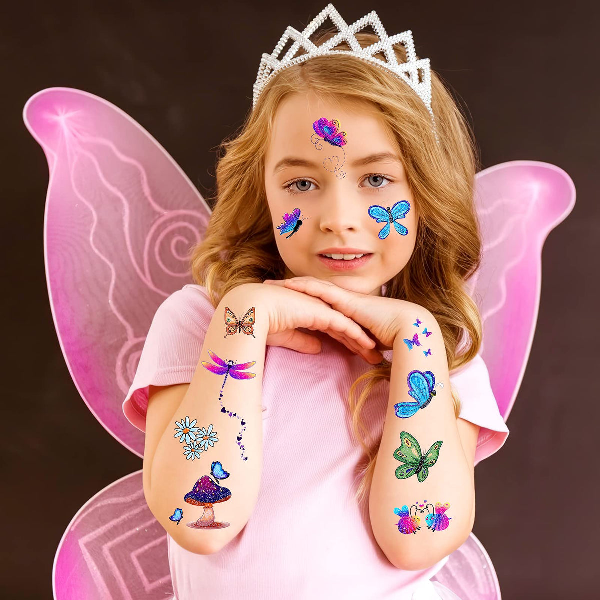 Konsait Glitter Temporary Tattoos for Kids, 24 Sheets Butterfly Mermaid Fairy Flowers Tattoo Stickers, Waterproof Fake Tattoos for Birthday Favors, Goodie Bags Stuffers & Party Accesorries