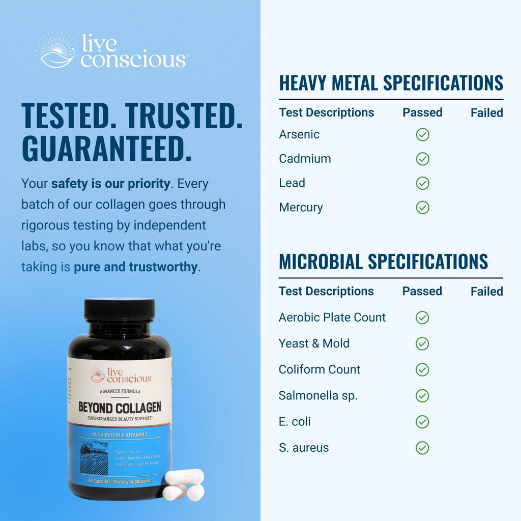 Live Conscious Beyond Collagen Multi Collagen Capsules - Types I, II, III, V & X - Hydrolyzed Blend with Biotin & Vitamin C for Hair, Skin, Nails 90 Capsules | Types I, II, III, V & X for Hair, Skin, & Nails - 90 Capsules