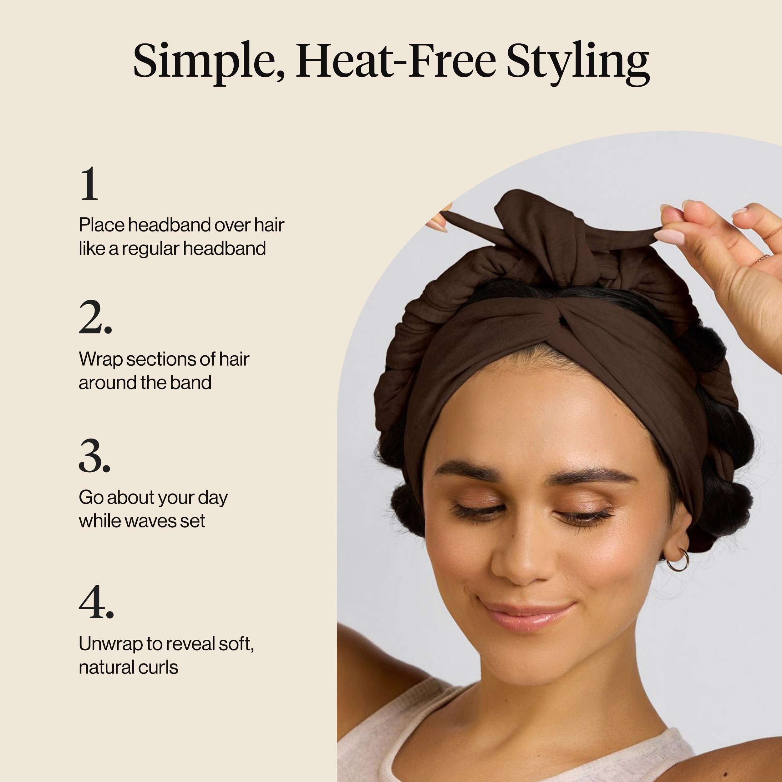 Kitsch Set & Flow Active Heatless Curling Headband For Women - Brown, 1pc | Soft, Breathable Cotton Head Bands For Women's Hair – Stretchy Fit, Achieves Curls Overnight – Gym-To-Glam In Minutes