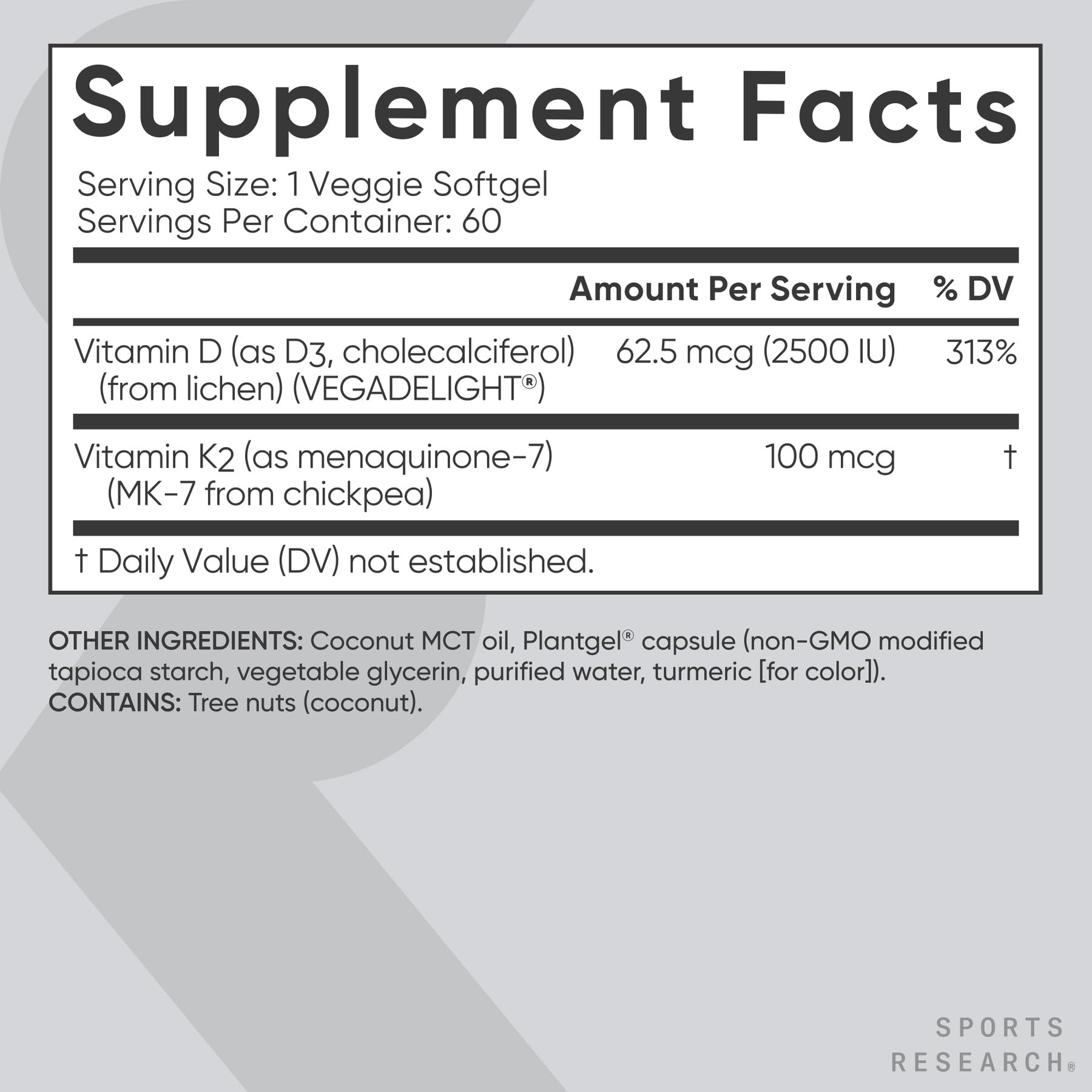 Sports Research® Vegan Vitamin D3 + K2 w/Coconut Oil, 60 Count Plantgels™ | Plant-Based Vitamin D 2500iu/62.5mcg & Soy-Free Vitamin K 100mcg for Bone & Immune Support - Vegan Certified · Non-GMO