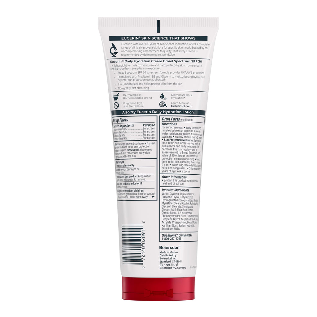 Eucerin Daily Hydration Cream, Broad Spectrum SPF 30, 8 OZ | Body Cream with Glycerin and SPF 30 Sunscreen, 24-Hour Moisture for Normal to Dry Skin, Fragrance Free