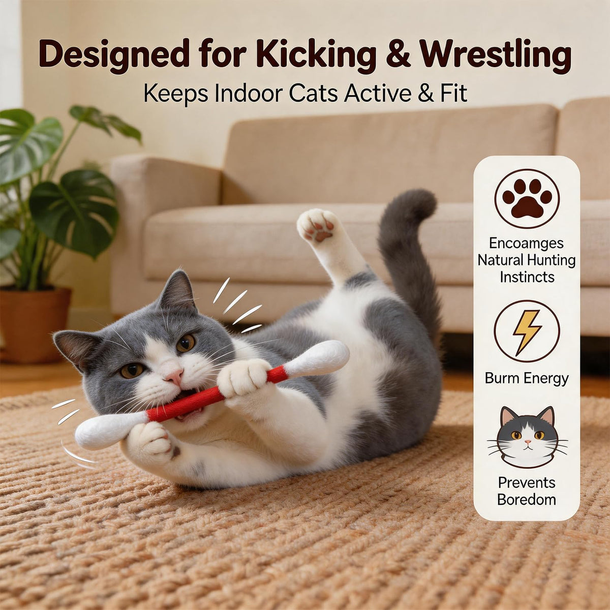 6Pack Cotton Swabs Cat Toys with Catnip, Giant Qtip Chew Sticks & Teething Ropes for Boredom Relief, Durable Interactive Felt Kitty Kicker Toy for Exercise.