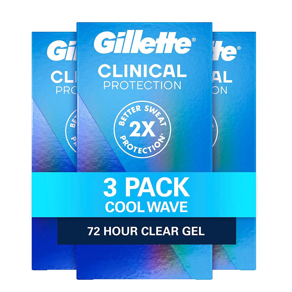 Buy now Gillette Clinical Antiperspirant and Deodorant for Men, 72hr Sweat & Odor Protection, Long Lasting Freshness, Anti-White Mark Technology, Clear Gel, Cool Wave Scent, 1.6 oz (Pack of 3) at indiglob india