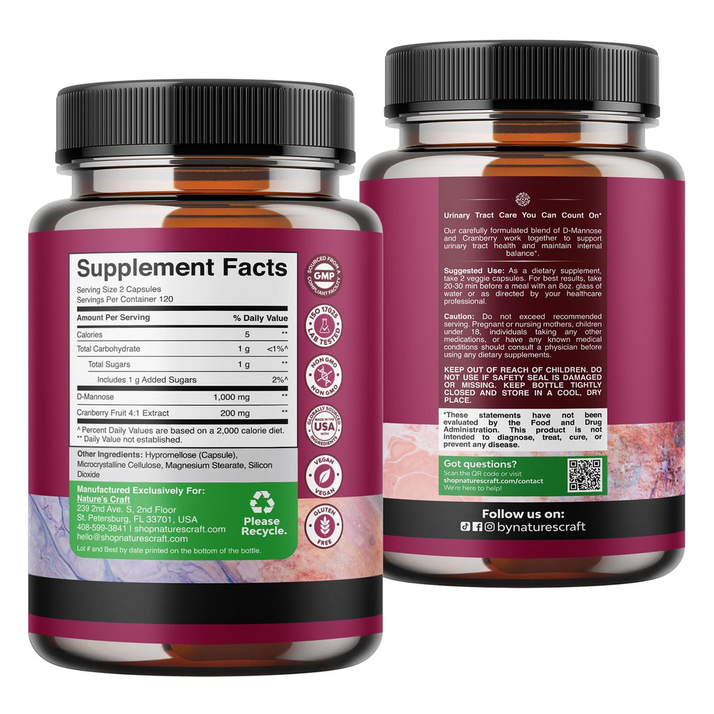 D Mannose with Cranberry Supplement - D Mannose 1000mg per Serving Capsules for Kidney Defense Support & Cleanse and Urinary Tract Health for Women & Men - Adults Bladder Health Supplement - 240 Count