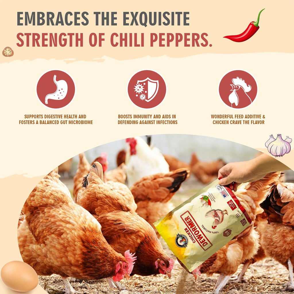 Natural Chicken Dewormer Powder, Chili Mix Formula, 1LB XL Pouch, Poultry Wormer for Laying Hens, Egg Safe, Gut Health Support, US-Made for Backyard Flocks