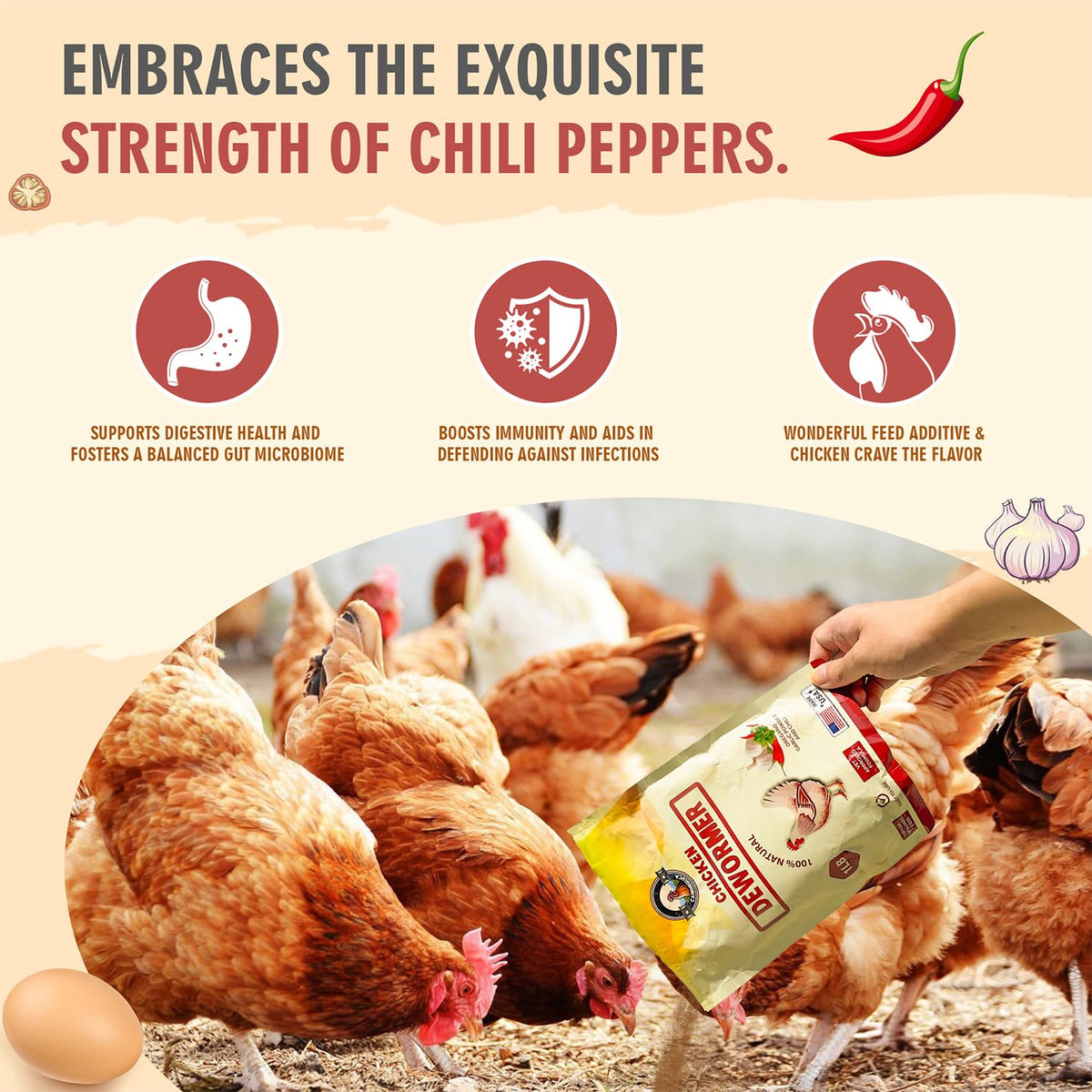 Natural Chicken Dewormer Powder, Chili Mix Formula, 1LB XL Pouch, Poultry Wormer for Laying Hens, Egg Safe, Gut Health Support, US-Made for Backyard Flocks