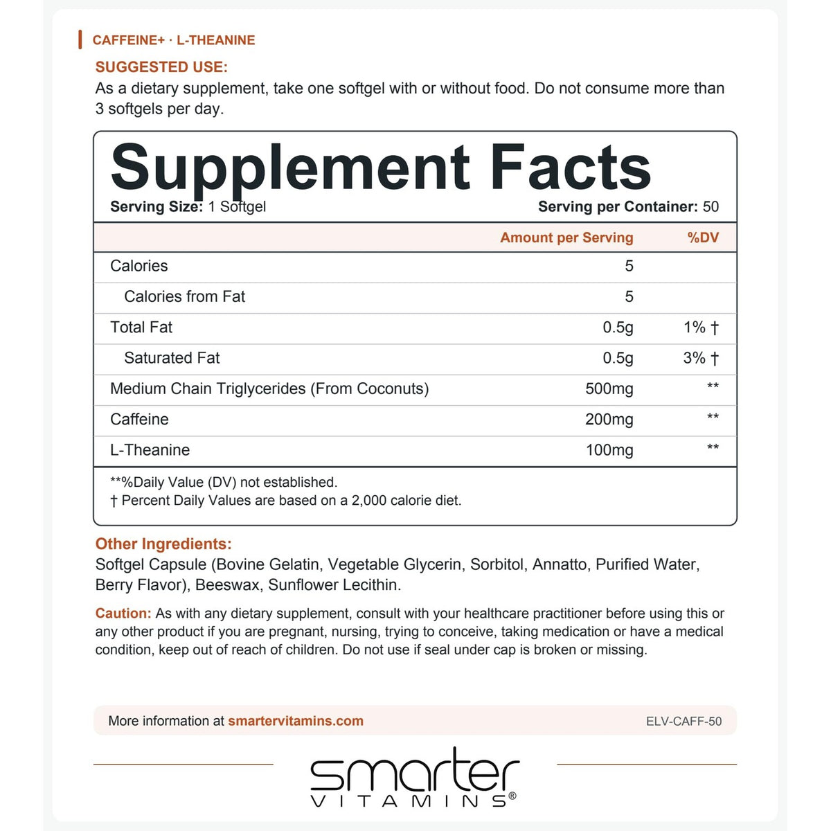 Caffeine Pills 200mg with 100mg L-Theanine & Coconut MCT Oil, 50 Softgels